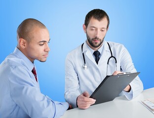 Wall Mural - Doctor, healthcare patient talking results in a hospital clinic.