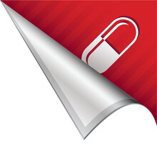 Pharmaceutical Pill Capsule Icon On Vector Peeled Corner Tab Suitable For Use In Print, On Websites, Or In Advertising Materials.