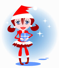 Wall Mural - Stylized  Christmas girl with gift on a blue background.