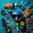 Blue waters of summer, colorful snorkeling gear, mask, snorkel, fins, and a diving watch, against a plain background, Generated AI