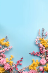 Wall Mural - Festive spring flowers on blue background. Top view. Copy space. Birthday, Mother's, Valentines, Women's, Wedding Day concept. Generative AI