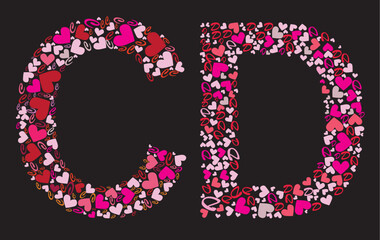 Sticker - Letter C, D. Valentine alphabet set with heart. Vector font.