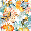 Lush summer seamless pattern with fruits, butterflies, plants.  Watercolor beautiful garden repeating backdrop with tropical leaves. Botanical design with floral decor, fruit and berries