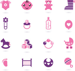 Poster - Icons cloth and accessories set for baby girl. Vector Illustration