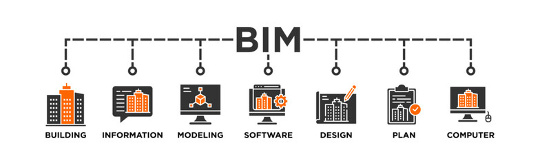 BIM banner web icon vector illustration concept for building information modeling with icon of building, information, modeling, software, design, plan, and computer