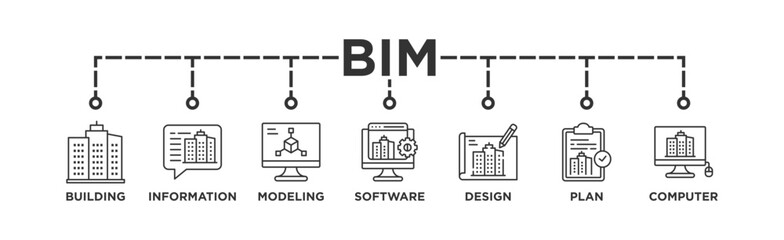 BIM banner web icon vector illustration concept for building information modeling with icon of building, information, modeling, software, design, plan, and computer
