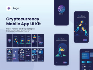 Wall Mural - Cryptocurrency Mobile App UI Kit Including Like as Login, Sign up, Dashboard, Exchange, Transaction and Profile Screen.