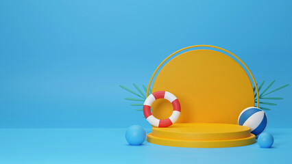 Poster - 3D Render of Empty Round Podium Decorated with Swimming Ring and Beach Balls on Blue Background and Space for Message.