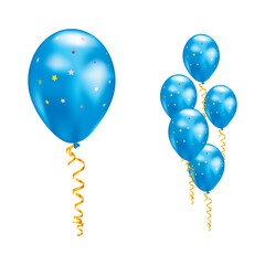 Poster - Blue balloons with stars and ribbons. Vector illustration.