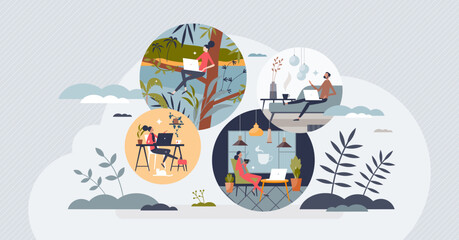 Wall Mural - Remote work as different workspaces of freelance job tiny person concept. Online meeting with distance professional tasks vector illustration. Workforce organization process with free time management