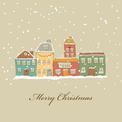 Sticker - Christmas card with town and snow