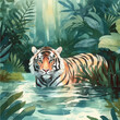 Beautiful watercolor painting of jungle with tiger. Generated AI