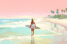 Beautiful Woman With Surf Stands On The Seashore In Retro Style. Back View. Generated AI