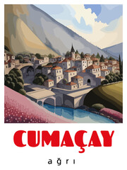 Cumaçay: Retro tourism poster with a Turkish landscape and the headline Cumaçay / Ağrı