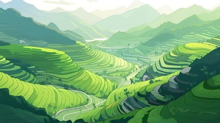 Wall Mural - background green rise terrace. the illustration is designed in a banner style depicting the natural 