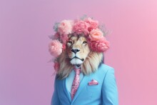Cute Lion In Pink Jacket With Bouquet Of Flowers On Blue Background. Creative Concept. Generative AI