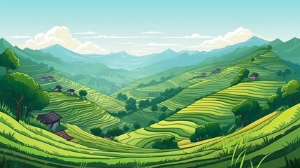Wall Mural - Background green rise terrace. Visually engaging web banner illustration featuring a picturesque green rice terrace. Generative AI.