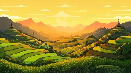 Wall Mural - Background green rise terrace. An image of the tranquil appeal of a green rice terrace as a nature background. Generative AI.