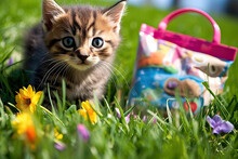 Cute Pet Cat On Outdoor Grassland
