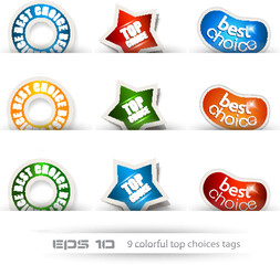 Poster - Set of nine best choices tags ready to place on every surface. Circular, Star and Bean shapes.