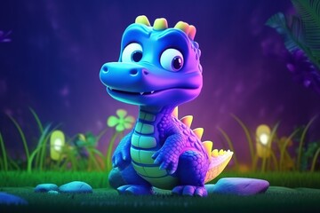 Wall Mural - a cute adorable baby alligator character stands in nature by night with neon violet yellow light in the style of children-friendly cartoon animation fantasy 3D style Illustration created by AI