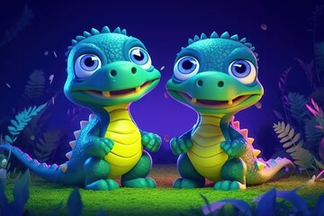 Wall Mural - a cute adorable two baby alligators character stands in nature by night with neon violet yellow light in the style of children-friendly cartoon animation fantasy 3D style Illustration created by AI