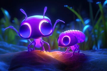 Wall Mural - a cute adorable two baby alien ants character stands in nature by night with neon violet yellow light in the style of children-friendly cartoon animation fantasy 3D style Illustration created by AI