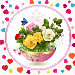 Sticker - Flowers in flowerpot with roses and butterflies