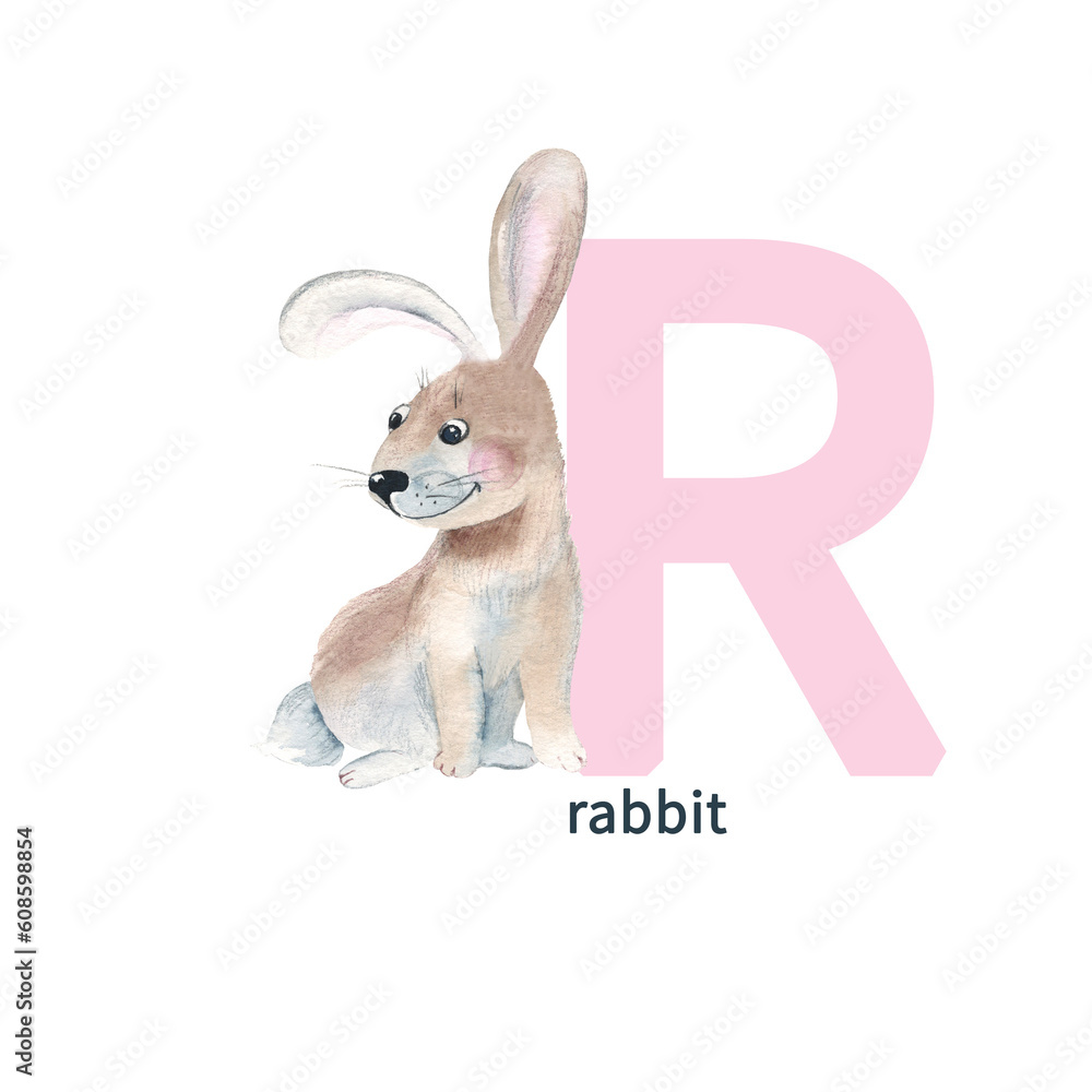 Small Letters R For Rabbit Letter R, rabbit, cute kids animal ABC alphabet. Watercolor ...
