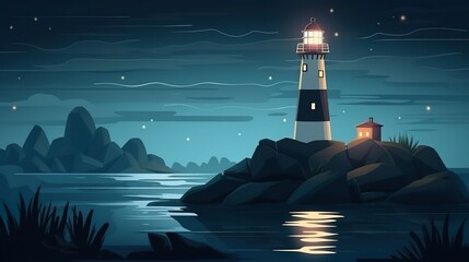 Background lighthouse at night. A captivating banner design with an abstract background, showcasing a meticulously image of a lighthouse standing tall against the dark night sky. Generative AI.