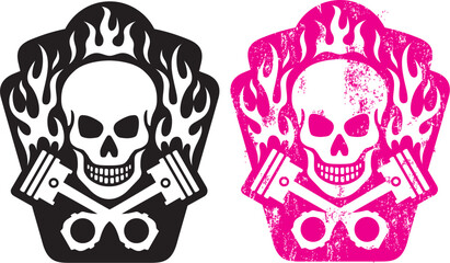 Wall Mural - Vector illustration of skull and crossed pistons with flames. Includes clean and grunge versions. Easy to edit colors and shapes.