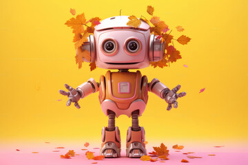 Small cute smiling autumn robot with hands, legs, colored with pastel colorful orange, red maple leaves, pastel orange background. Cute AI toy robot on yellow autumn leaves. Generative AI