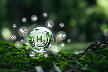 crystal globe with clean hydrogen energy concept and h2 for sustainable environment. eco-friendly in