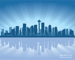 Sticker - Seattle, Washington skyline illustration with reflection in water