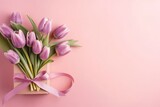 Fototapeta Tulipany - Top view photo of stylish pink giftbox with ribbon bow. Generative AI
