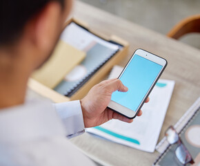 Business man hand, phone screen mockup and male person in a office with typing and networking at company. Text, social media app and professional worker with online communication and mobile message