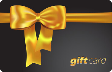 Wall Mural - Black gift card with golden ribbon and bow. Vector illustration