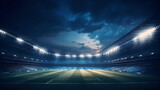 Fototapeta Londyn - Modern soccer football stadium with floodlights cinematic background. Generative Ai