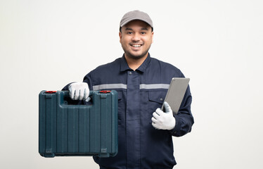 Wall Mural - Technician workers in uniform maintenance service with equipment tools box. Profession of service industry house repair. Home services isolated background.