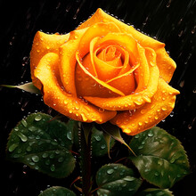 Closeup Of Yellow Rose With Water Drops On Black Background