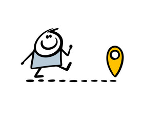 Stick figure boy walking on dotted line to the location sign mark. Vector illustration of happy doodle character travelling outdoor.