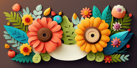 Wall Mural - flowers, leaves, gold branches, Botanic illustration isolated on beautiful 3d gradient background. Cute colorful flowers, Cute colorful flowers