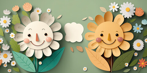 Wall Mural - cute smile flowers, leaves, illustration isolated on beautiful green background. Cute colorful flowers, Cute colorful flowers