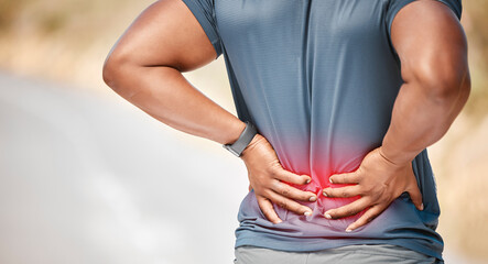 Poster - Fitness, back pain and injury with a sports man outdoor in nature for cardio or endurance running. Exercise, medical or anatomy accident with a male athlete holding his body while training for health