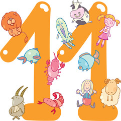 Wall Mural - cartoon illustration with number eleven and toys