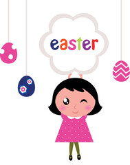 Poster - Girl with easter banner and eggs. Vector cartoon Illustration.