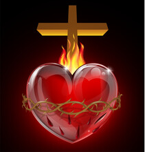 Illustration Of The Most Sacred Heart Of Jesus. A Bleeding Heart With Flames, Pierced By A Lance Wound With Crown Of Thorns And Cross.
