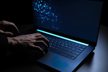 Man working on laptop computer in the dark
