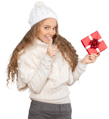 Poster - Beautiful young woman holding christmas gift on white background