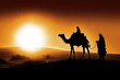 © jchizhe - Silhouette of Joseph and Mary on camel across desert. Christmas scene of baby Jesus with Mary and Joseph. Christian Nativity story with Birth of Christ. Generative AI